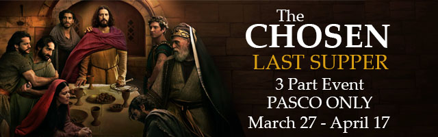 The Chosen Last Supper will play exclusively at Fairchild Cinemas Pasco. Part one will play March twenty seventh through April second. Part two will play April third through ninth. Part three will play April tenth through seventeenth.